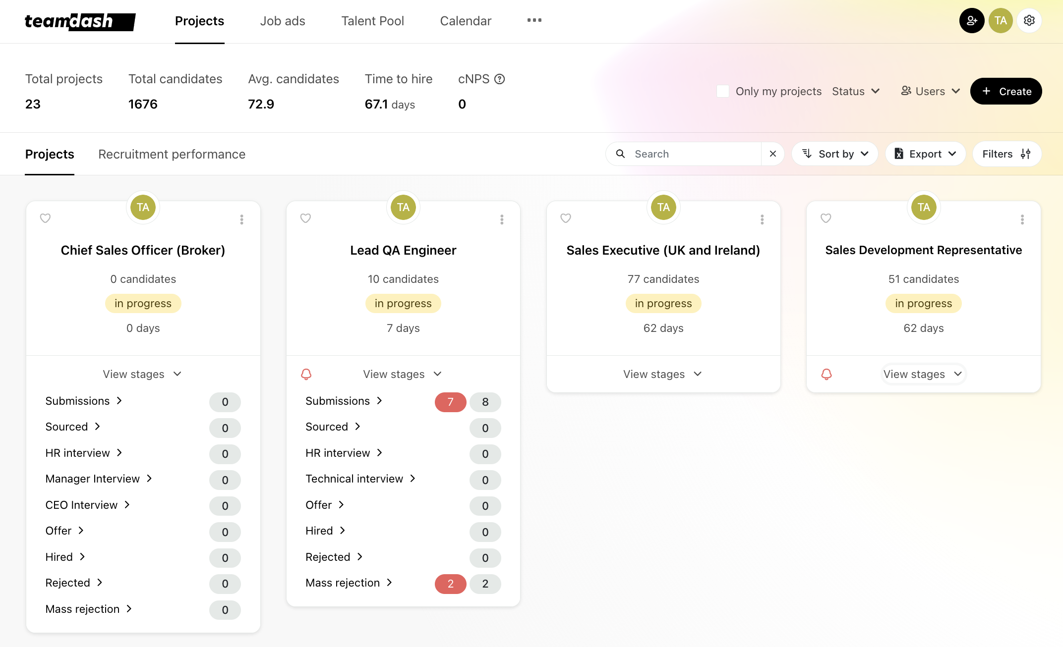 Recruiter dashboard homepage screenshot